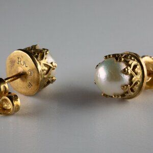 RARE Robin Rotenier 18K Yellow Gold & Pearl "Crown" Stud Earrings